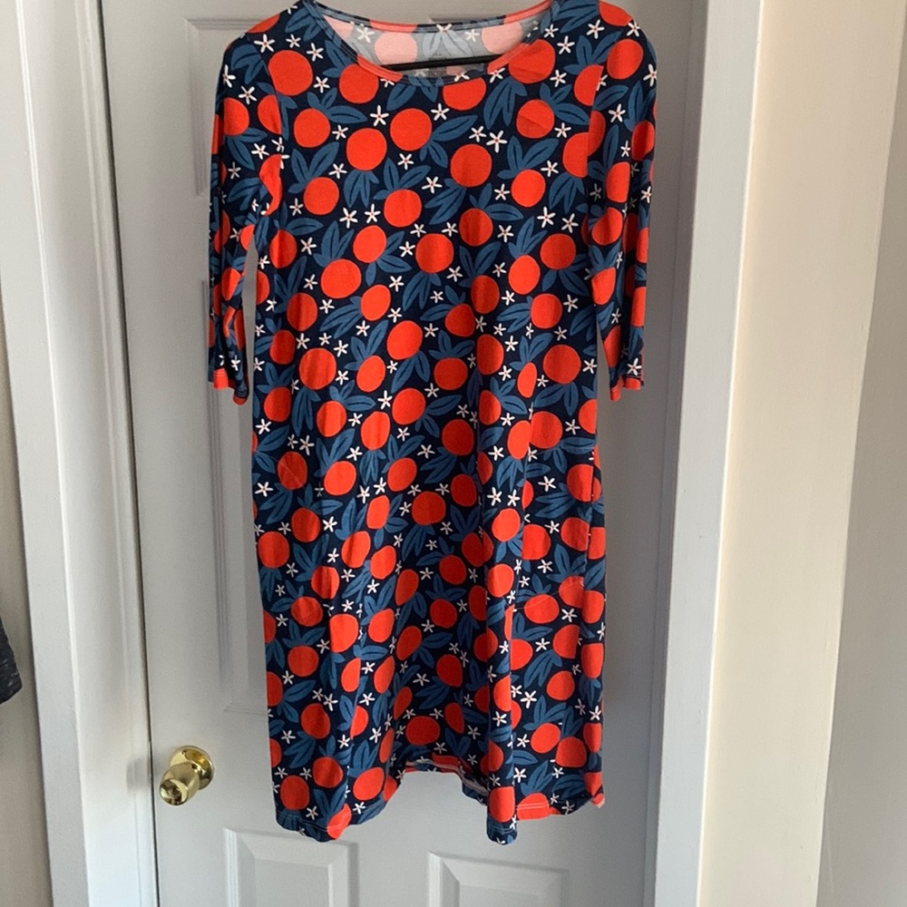 Women’s Navy Blue Dress with Red Orange Dot Print